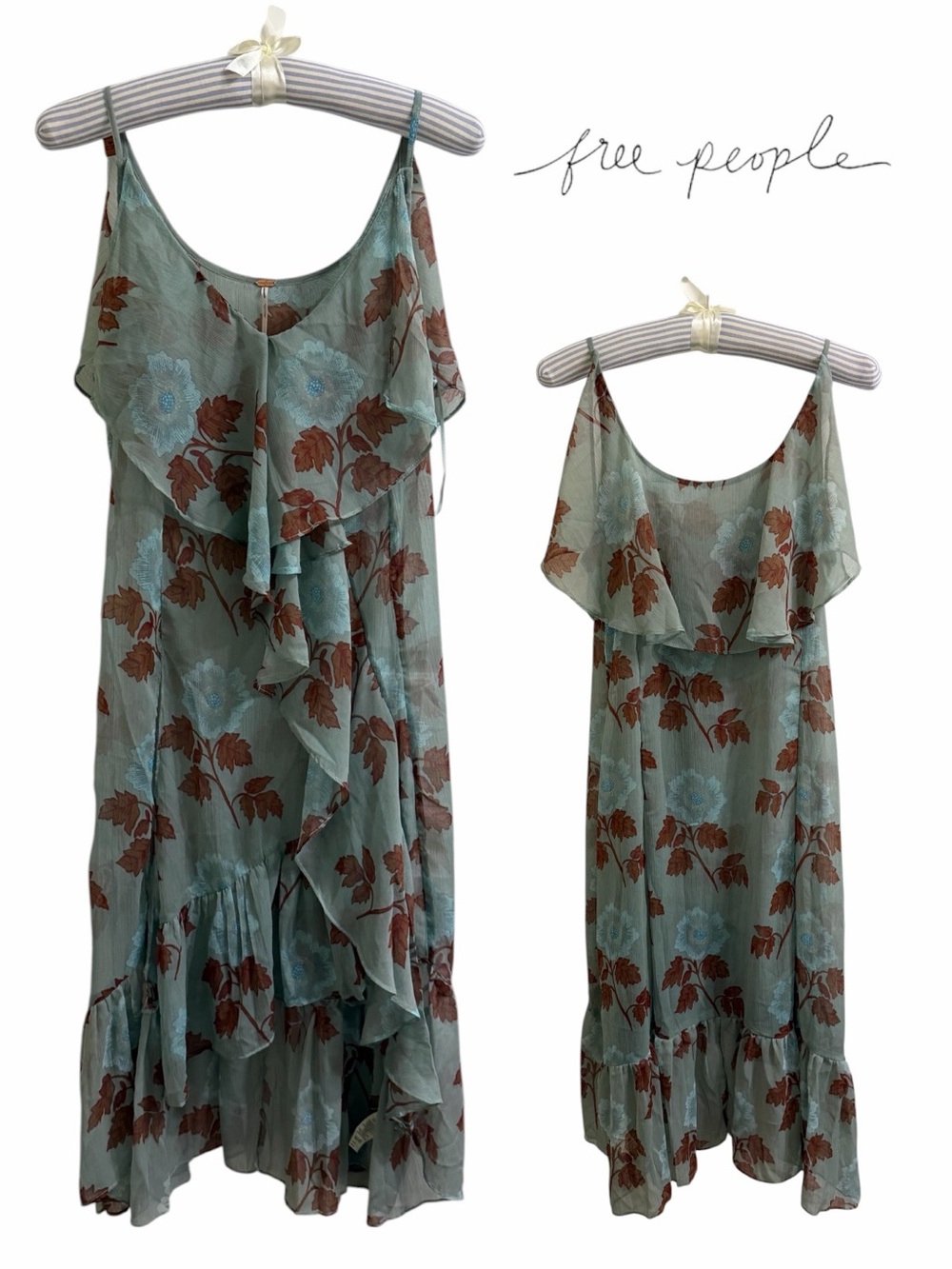 Free People Light Sage Green Floral Ruffle Midi Sheer Dress - Picture 2 of 13